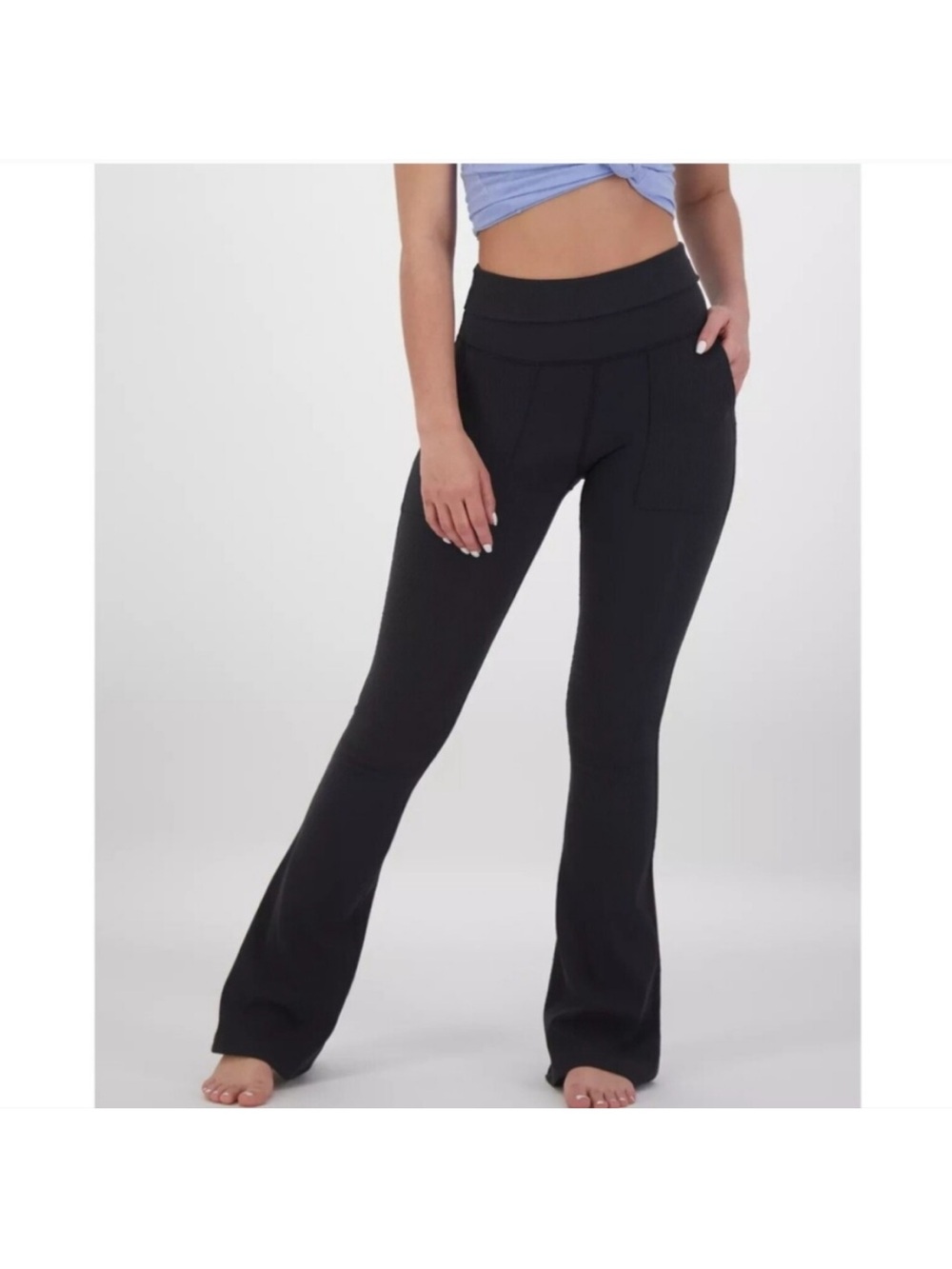 Aerie Offline Ribbed Flare Fold Over Black Leggings Size Small